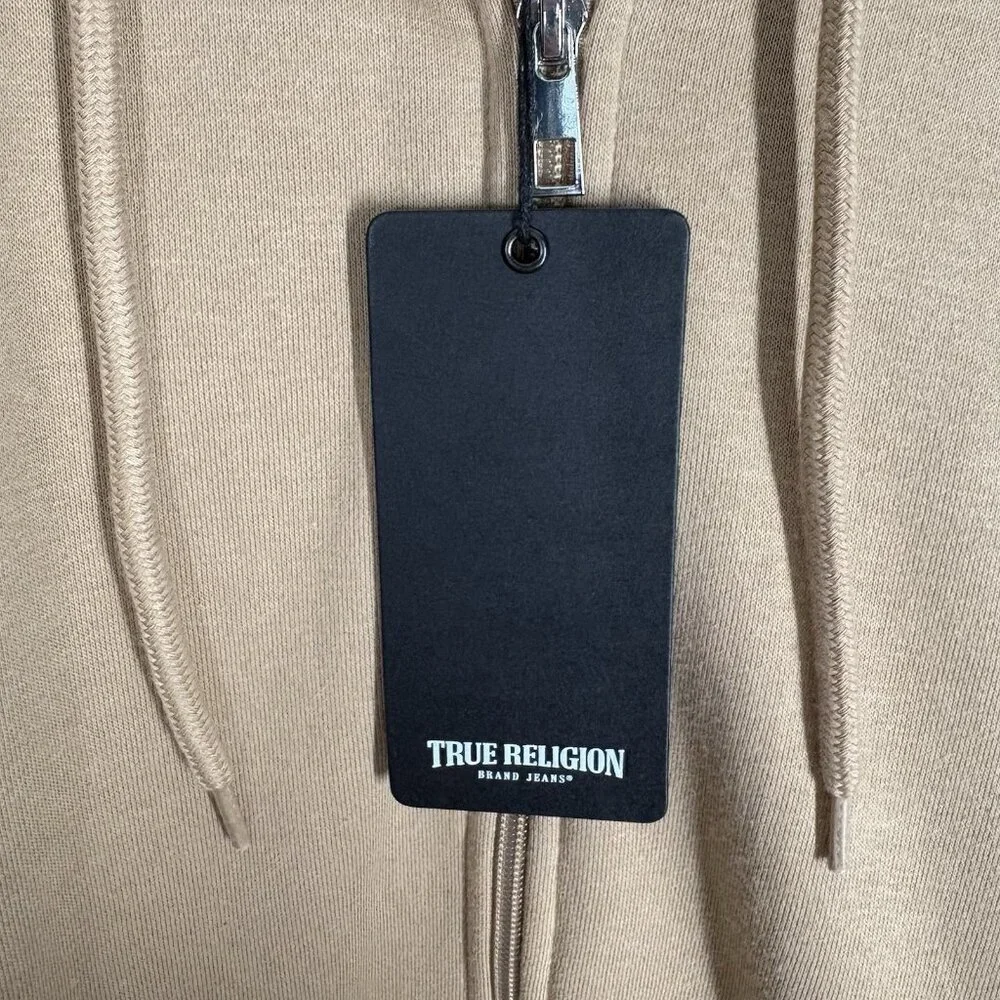 True Religion Men M Travertine Tan Fleece Y2K 90s Iridescent Logo Zip Hoodie NWT